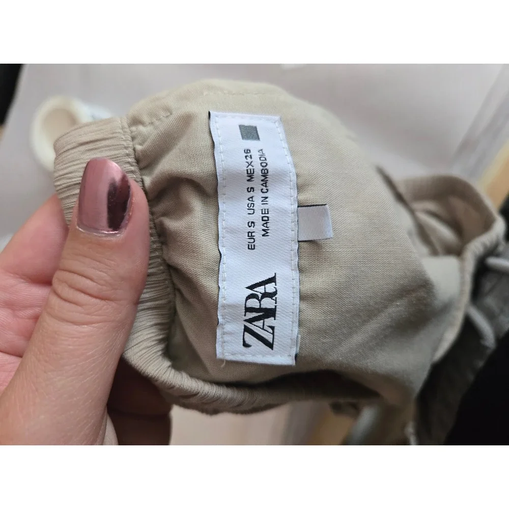 Zara Tan Beige Textured Pull on Wide Leg Drawstring Pants Relaxed Boho Beach